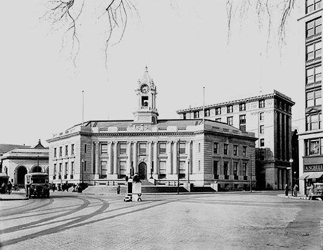 Old Town Hall, 1930s.  Trolley tracks were covered over. Click here for larger view